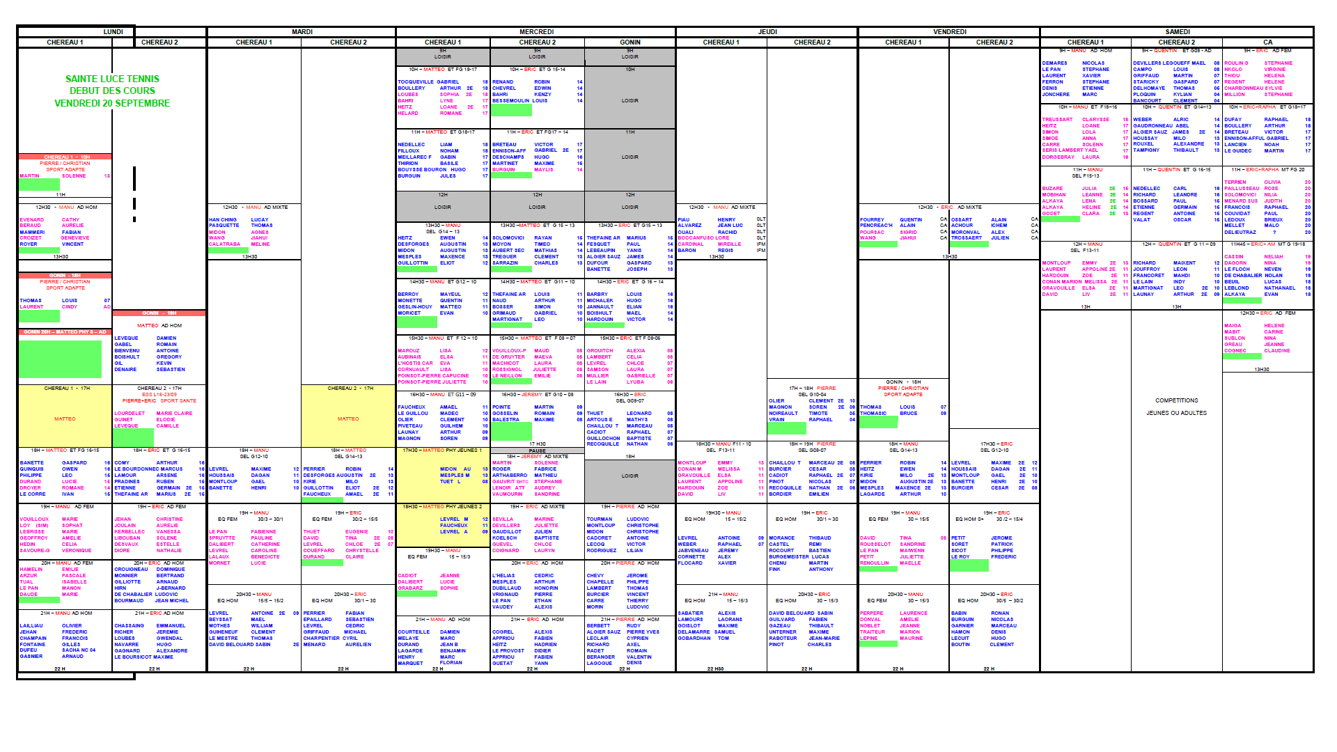 Planning des cours saison 2024-2025